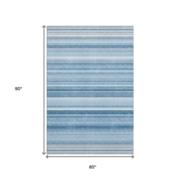 HomeRoots 5' X 8' Washable Blue and Ivory Striped Area Rug with UV Protection for Stylish, Durable Living Spaces 647694