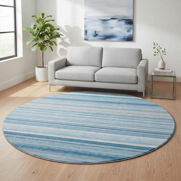 HomeRoots 8' Blue And Ivory Striped Round Washable Rug with UV Protection – Perfect for Indoor & Outdoor Spaces! 647695