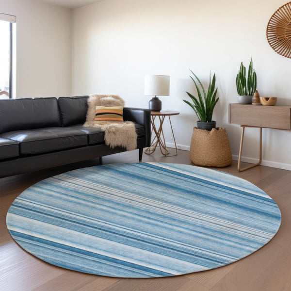 HomeRoots 8' Blue And Ivory Striped Round Washable Rug with UV Protection – Perfect for Indoor & Outdoor Spaces! 647695