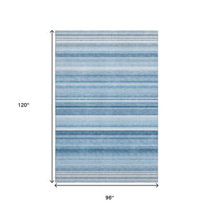 HomeRoots 8' X 10' Blue And Ivory Striped Area Rug – Washable, UV Protected, Ideal For High-Traffic Spaces! 647696