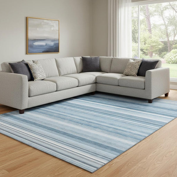 HomeRoots 8' X 10' Blue And Ivory Striped Area Rug – Washable, UV Protected, Ideal For High-Traffic Spaces! 647696