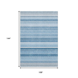 HomeRoots 9' X 12' Durable Blue and Ivory Striped Area Rug – Washable, UV-Protected, Ideal for Everyday Living 647697