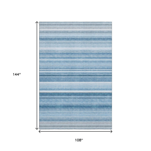 HomeRoots 9' X 12' Durable Blue and Ivory Striped Area Rug – Washable, UV-Protected, Ideal for Everyday Living 647697