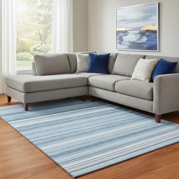 HomeRoots 9' X 12' Durable Blue and Ivory Striped Area Rug – Washable, UV-Protected, Ideal for Everyday Living 647697