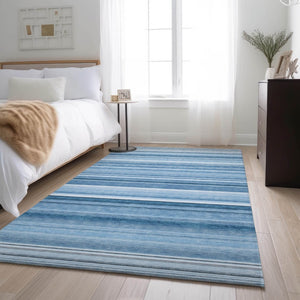 HomeRoots 9' X 12' Durable Blue and Ivory Striped Area Rug – Washable, UV-Protected, Ideal for Everyday Living 647697