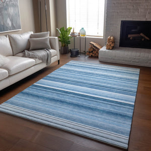 HomeRoots 9' X 12' Durable Blue and Ivory Striped Area Rug – Washable, UV-Protected, Ideal for Everyday Living 647697