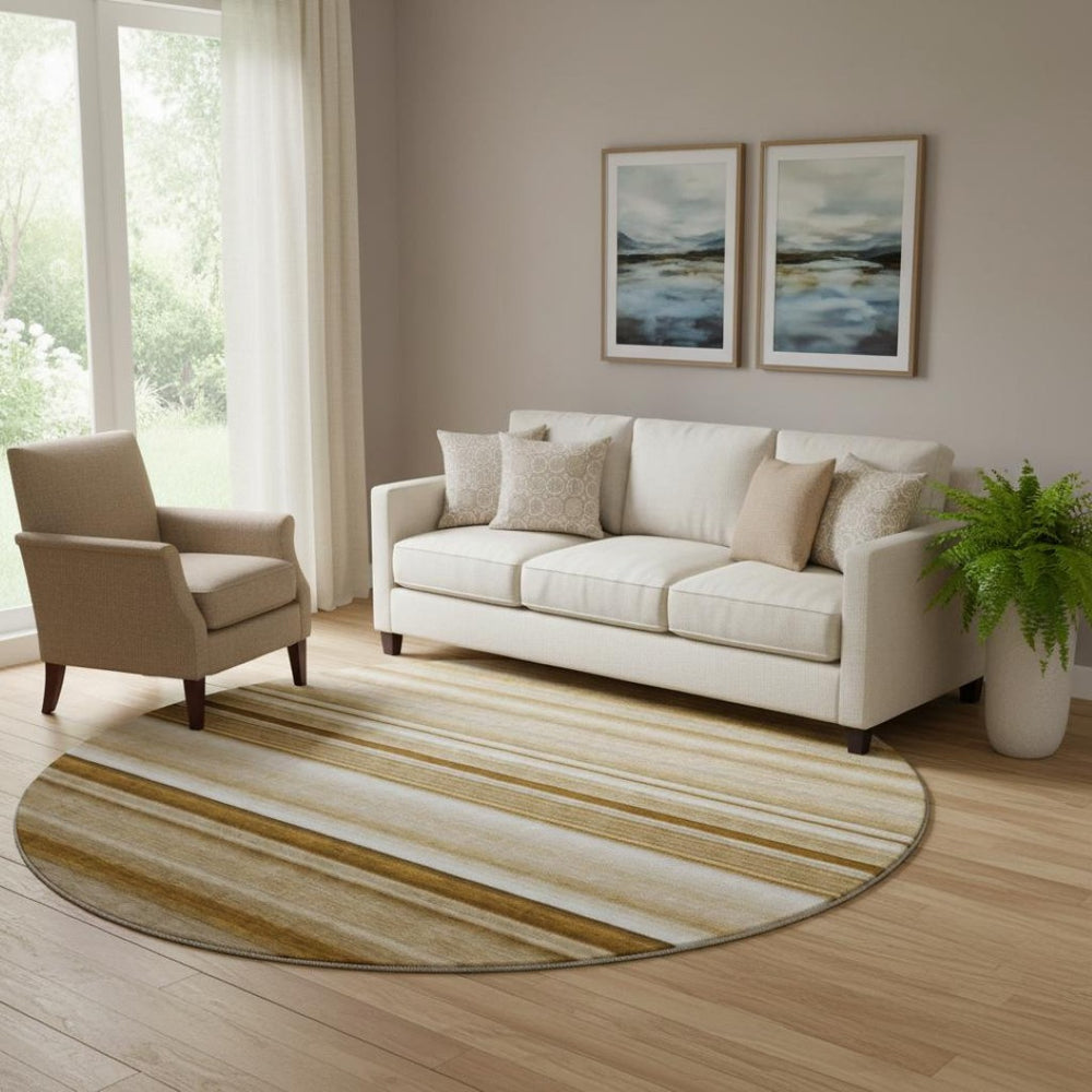 HomeRoots 8' Chocolate & Ivory Striped Washable Round Rug - Durable, Stain-Resistant, UV-Protected for Homes 647701
