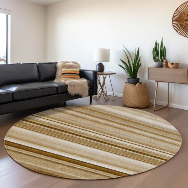 HomeRoots 8' Chocolate & Ivory Striped Washable Round Rug - Durable, Stain-Resistant, UV-Protected for Homes 647701