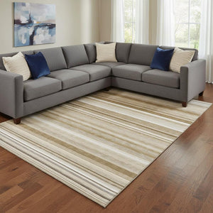 HomeRoots 9' X 12' Chocolate and Ivory Striped Washable Area Rug – Durable, Stylish, UV-Protected for Homes! 647703
