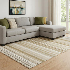 HomeRoots 10' X 14' Washable Chocolate & Ivory Striped Area Rug with UV Protection for Stylish Living Spaces 647704