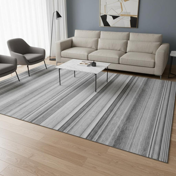 HomeRoots 5' X 8' Washable Gray and Ivory Striped Area Rug with UV Protection for High-Traffic Spaces 647706