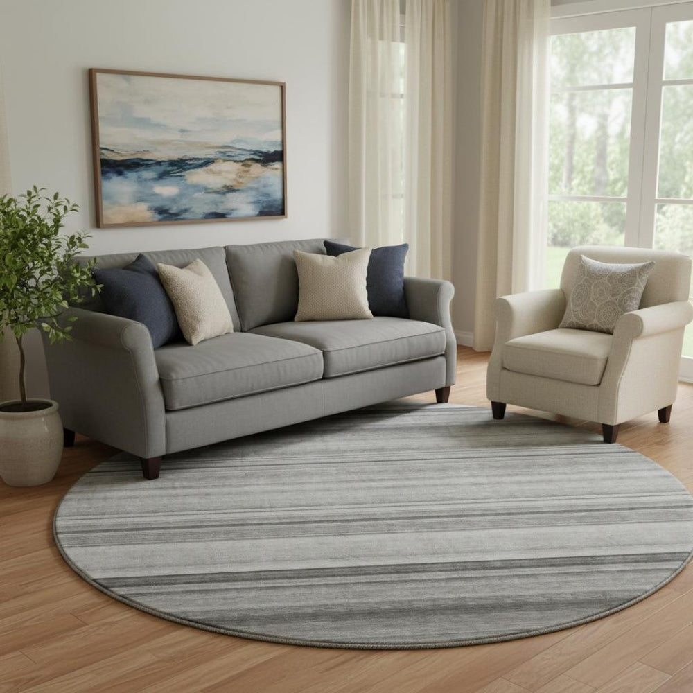 HomeRoots 8' Gray and Ivory Striped Washable Round Rug - Stylish, Durable, UV-Protected for High-Traffic Areas 647707