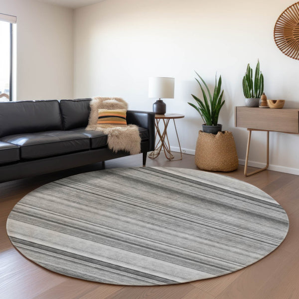 HomeRoots 8' Gray and Ivory Striped Washable Round Rug - Stylish, Durable, UV-Protected for High-Traffic Areas 647707