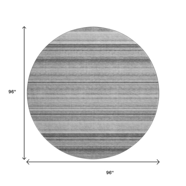 HomeRoots 8' Gray and Ivory Striped Washable Round Rug - Stylish, Durable, UV-Protected for High-Traffic Areas 647707