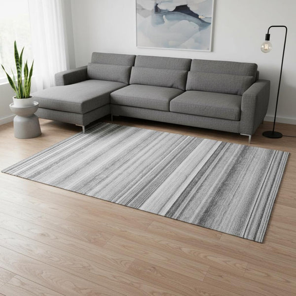 HomeRoots 9' X 12' Gray and Ivory Striped Washable Area Rug with UV Protection - Perfect for Busy Homes! 647709