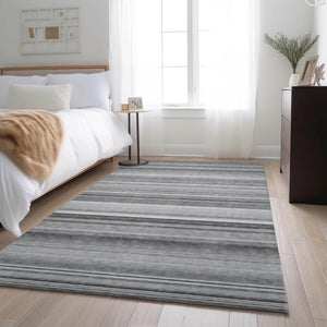 HomeRoots 10' X 14' Gray and Ivory Striped Washable Area Rug - Stylish, Durable, UV-Protected for Any Room! 647710
