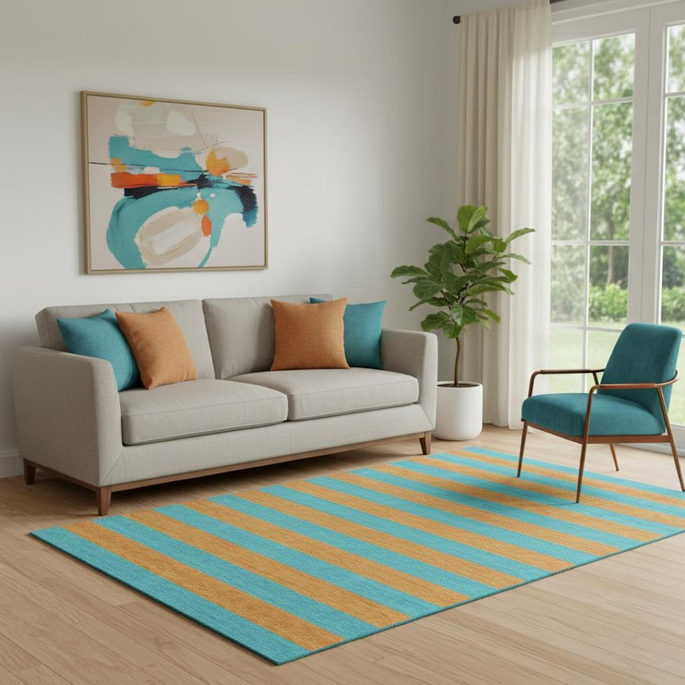 HomeRoots 5' X 8' Aqua and Orange Striped Washable Area Rug - UV Protection, Durable, Easy Care for Style! 647712