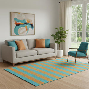 HomeRoots 5' X 8' Aqua and Orange Striped Washable Area Rug - UV Protection, Durable, Easy Care for Style! 647712
