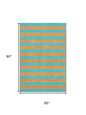 HomeRoots 5' X 8' Aqua and Orange Striped Washable Area Rug - UV Protection, Durable, Easy Care for Style! 647712