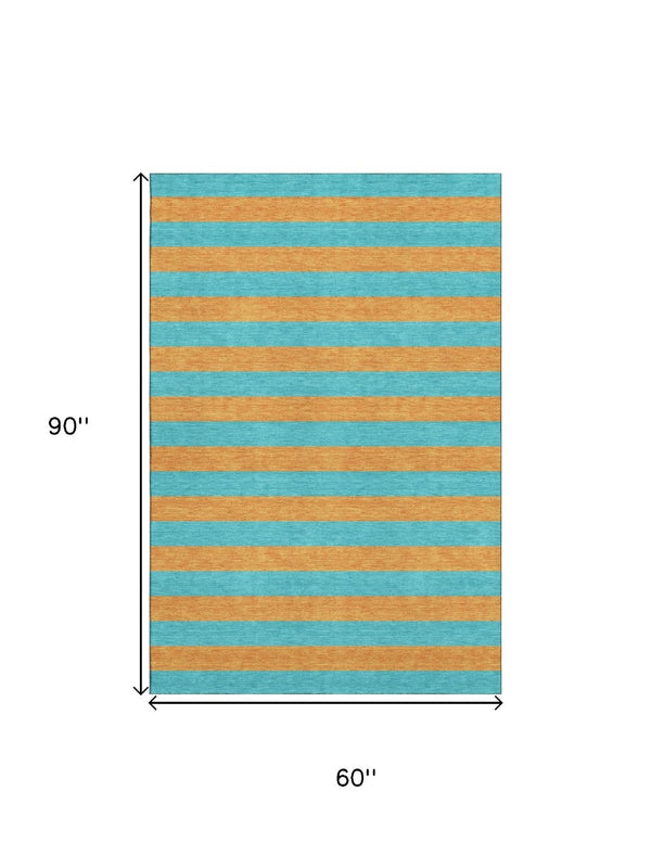 HomeRoots 5' X 8' Aqua and Orange Striped Washable Area Rug - UV Protection, Durable, Easy Care for Style! 647712