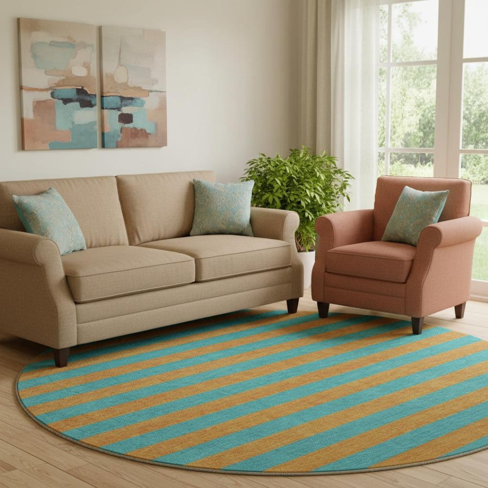 HomeRoots 8' Vibrant Aqua and Orange Striped Round Rug - Washable, UV Protected, Perfect for Indoor and Outdoor Spaces 647713