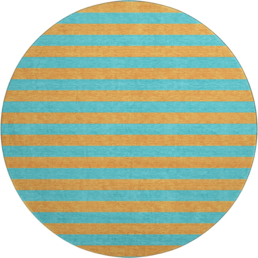 HomeRoots 8' Vibrant Aqua and Orange Striped Round Rug - Washable, UV Protected, Perfect for Indoor and Outdoor Spaces 647713