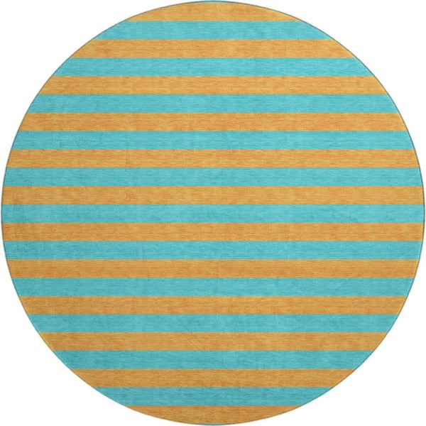 HomeRoots 8' Vibrant Aqua and Orange Striped Round Rug - Washable, UV Protected, Perfect for Indoor and Outdoor Spaces 647713