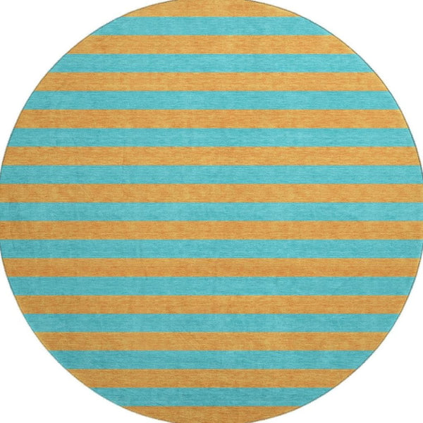 HomeRoots 8' Vibrant Aqua and Orange Striped Round Rug - Washable, UV Protected, Perfect for Indoor and Outdoor Spaces 647713