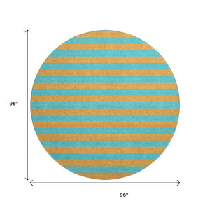 HomeRoots 8' Vibrant Aqua and Orange Striped Round Rug - Washable, UV Protected, Perfect for Indoor and Outdoor Spaces 647713