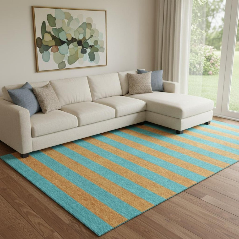 HomeRoots 8' X 10' Aqua & Orange Striped Area Rug – Washable, UV-Protected, Durable, Ideal for Homes with Kids! 647714