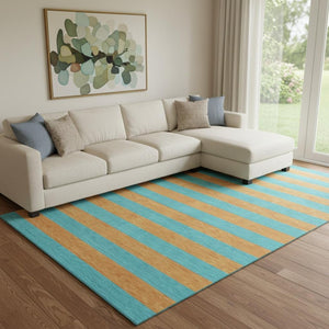 HomeRoots 8' X 10' Aqua & Orange Striped Area Rug – Washable, UV-Protected, Durable, Ideal for Homes with Kids! 647714
