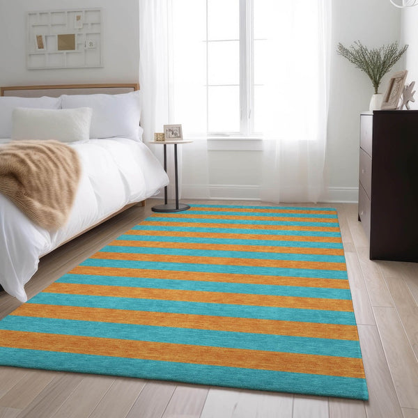 HomeRoots 8' X 10' Aqua & Orange Striped Area Rug – Washable, UV-Protected, Durable, Ideal for Homes with Kids! 647714