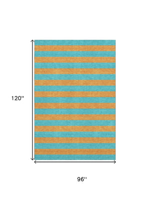 HomeRoots 8' X 10' Aqua & Orange Striped Area Rug – Washable, UV-Protected, Durable, Ideal for Homes with Kids! 647714