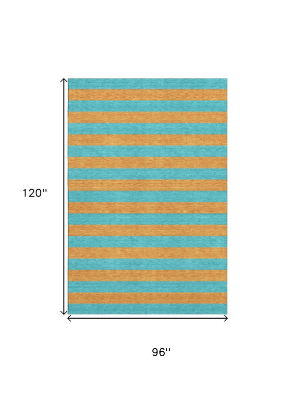 HomeRoots 8' X 10' Aqua & Orange Striped Area Rug – Washable, UV-Protected, Durable, Ideal for Homes with Kids! 647714