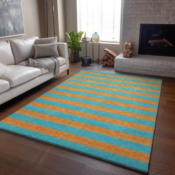 HomeRoots 8' X 10' Aqua & Orange Striped Area Rug – Washable, UV-Protected, Durable, Ideal for Homes with Kids! 647714