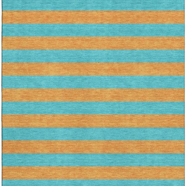 HomeRoots 8' X 10' Aqua & Orange Striped Area Rug – Washable, UV-Protected, Durable, Ideal for Homes with Kids! 647714