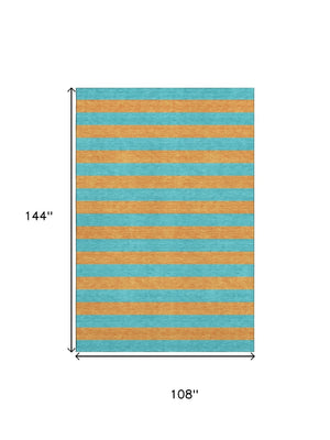 HomeRoots 9' X 12' Aqua and Orange Striped Washable Area Rug - Durable, UV Protected, Perfect for Busy Homes! 647715