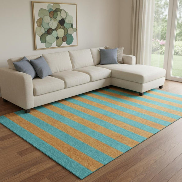 HomeRoots 9' X 12' Aqua and Orange Striped Washable Area Rug - Durable, UV Protected, Perfect for Busy Homes! 647715