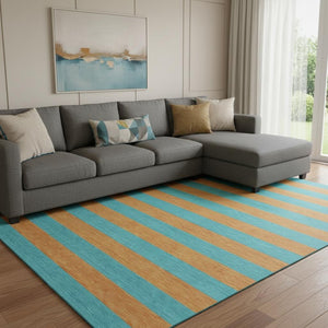HomeRoots 10' X 14' Vibrant Aqua and Orange Striped Washable Area Rug | UV Protected, Durable & Stylish Design 647716