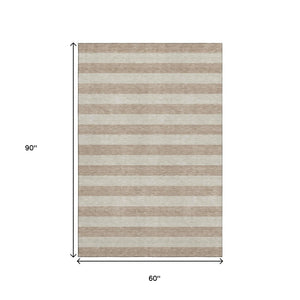 HomeRoots 5' x 8' Beige Taupe Striped Area Rug – Washable, UV Protected, Stain-Resistant for Family Homes 647718