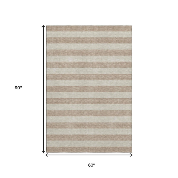 HomeRoots 5' x 8' Beige Taupe Striped Area Rug – Washable, UV Protected, Stain-Resistant for Family Homes 647718