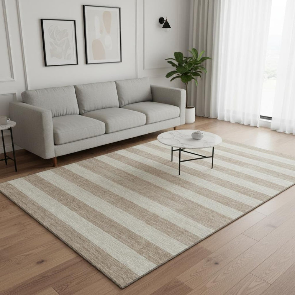HomeRoots 5' x 8' Beige Taupe Striped Area Rug – Washable, UV Protected, Stain-Resistant for Family Homes 647718