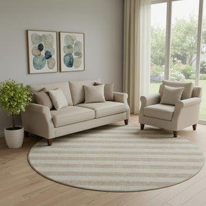 HomeRoots 8' Beige and Taupe Striped Washable Round Rug - UV Protected, Stain Resistant, Perfect for Any Space! 647719
