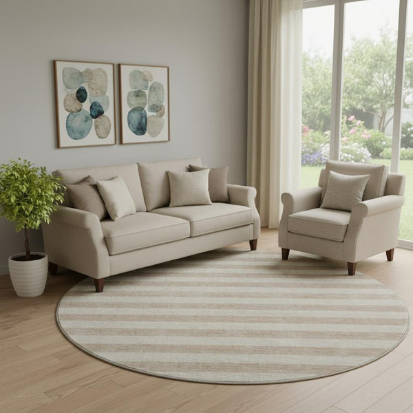 HomeRoots 8' Beige and Taupe Striped Washable Round Rug - UV Protected, Stain Resistant, Perfect for Any Space! 647719