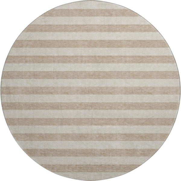 HomeRoots 8' Beige and Taupe Striped Washable Round Rug - UV Protected, Stain Resistant, Perfect for Any Space! 647719