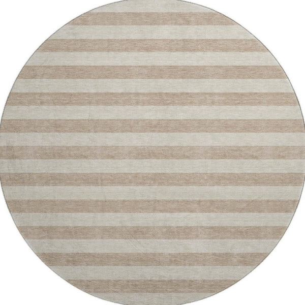 HomeRoots 8' Beige and Taupe Striped Washable Round Rug - UV Protected, Stain Resistant, Perfect for Any Space! 647719