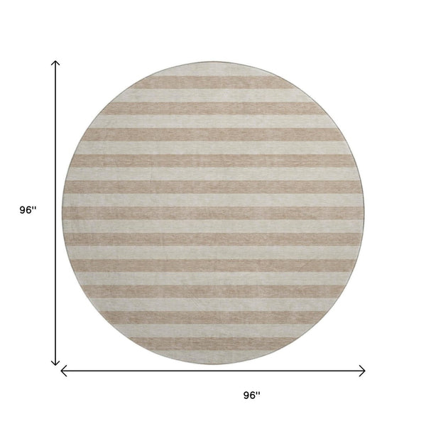 HomeRoots 8' Beige and Taupe Striped Washable Round Rug - UV Protected, Stain Resistant, Perfect for Any Space! 647719