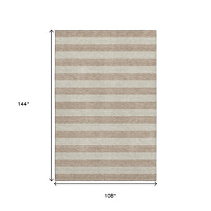 HomeRoots 9' X 12' Beige and Taupe Striped Washable Area Rug – Durable, UV Protected, Perfect for Family Spaces 647721