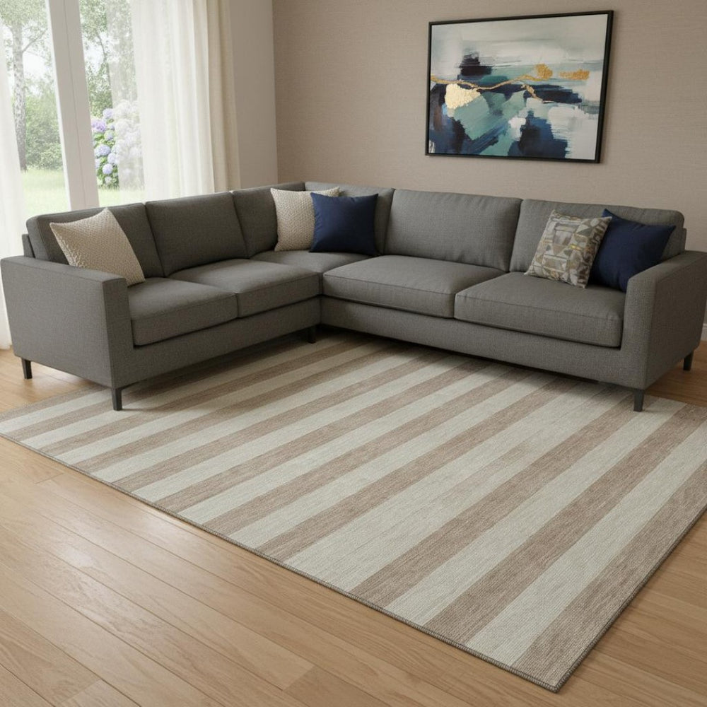 HomeRoots 9' X 12' Beige and Taupe Striped Washable Area Rug – Durable, UV Protected, Perfect for Family Spaces 647721