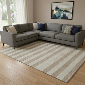 HomeRoots 9' X 12' Beige and Taupe Striped Washable Area Rug – Durable, UV Protected, Perfect for Family Spaces 647721